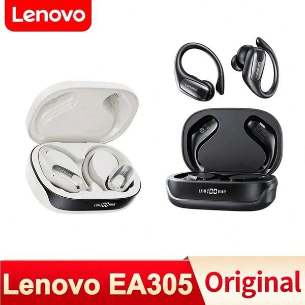 Lenovo Écouteurs sans fil Lenovo EA305 V5.4 avec affichage LCD de la batterie, compatibles pour le sport, la course, le cyclisme avec crochet d'oreille. Connexion stable, qualité sonore HD, longue autonomie, diaphragme large de 14,2 mm pour un son panoramique, décodage double mode, sans latence pour le jeu