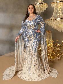 Plus Size Women's Elegant Heart-Shaped Neckline Formal Evening Gown, With Extra Long Dramatic Sleeves, Fishtail Hem, And Shaping Silhouette, Suitable For Black Tie Galas, Red Carpet Events, Opera Nights, Awards Ceremonies, Charity Balls And More - Blue - View 3