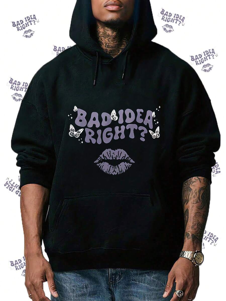 Pocket Hoodie With Lip Geometry Pattern, Simple Fashion Casual Long Sleeve Sweatshirt For Women, Perfect Holiday Gift Choice For Autumn And Winter,Fall Hoodies,Men's Fall Clothes,Street Wear,Halloween,Mens Hoodies,Y2k Clothes,Jesus Hoodie,Thanksgiving Day,Nightmare Before Christmas,Christmas - Black - View 1