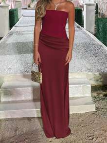 Vestido de verano WOWDARK, rojo vino, elegante vestido de fiesta con parches de satén ajustado y sin tirantes, adecuado para el Día de San Valentín, citas, reuniones, fiestas, viajes, vacaciones, playa y talla grande - Burdeos - Ver 15