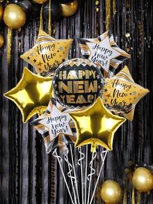 kumozawa 7pcs/Set New Year Decorative Foil Balloons, Black & Gold Star & Round Balloons With "Happy New Year" Print, Suitable For New Year Party Decoration, 2026 New Year Gala Decoration Balloons - Multicolor - View 4