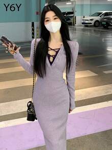 [Y6Y] 女士优雅紫色针织修身开衩长裙，V领长袖，修身设计 - 紫色 - 查看 7