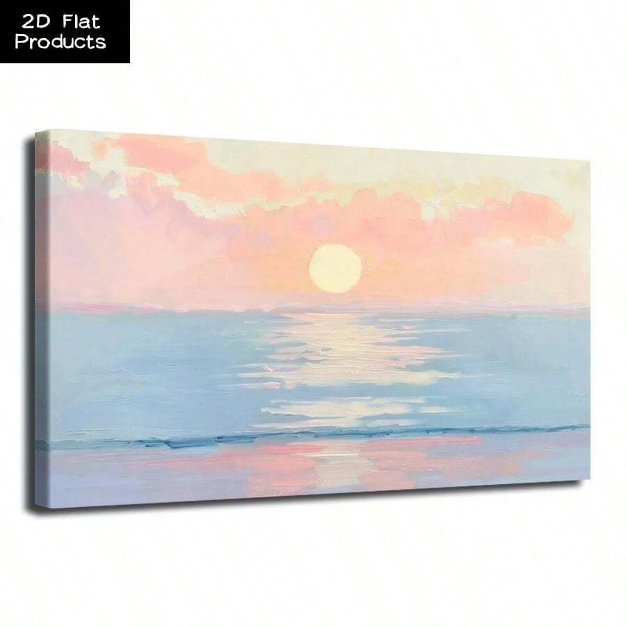 Posters & Prints, 1 Pc Framed 2D Flat Canvas Poster, Sunset Seascape, Soft Colors, Impressionist Style Wall Art, Ideal Gift For Bedroom Living Room Corridor, Wall Art, Wall Decor, Room Decoration, 2D Flat - 藍色 - 查看 1