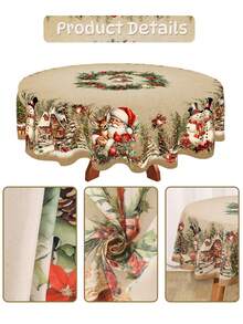 1pc Christmas Tablecloth, Vintage Santa Claus Snowman Winter Village, Polyester Tablecloth, Round/Rectangular, Christmas Party Home Kitchen Dining Table Decor, Christmas Gift - Multicolor - View 11