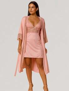 Sensual Nightgown With Lace Finish + Microfiber Robe With Lace PAULA. - Màu hồng gỉ - Xem 2