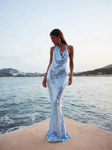 Basrey 新款时尚优雅女式纯色V领亮片挂脖吊带修身露背鸡尾酒会连衣裙派对礼服鱼尾长款连衣裙，适合参加晚宴、派对、聚会 - 藍色 - 查看 2