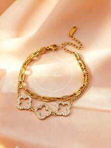 1 件优雅优质迷人实惠不锈钢镂空全密镶四叶草手链/手镯，女士珠宝礼物，适合日常佩戴、派对、购物、约会 - 幸運手鍊(3帶鋯石) - 查看 14