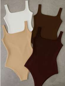 Kit 4 Bory Bodi Leotard Tank Top Thick Strap Casual Second Skin Fashion Women's Female P M G GG - 裸色/酒紅色/棕色/黑色 - 查看 1