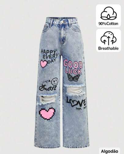 Calça Wide Leg Colorida  Sarja e Jeans Estampado Infantil Juvenil Menina Pré-Adolescente