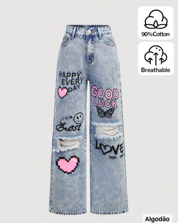 Calça Wide Leg Colorida  Sarja e Jeans Estampado Infantil Juvenil Menina Pré-Adolescente