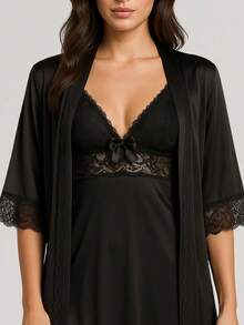 Women's Sensual Nightgown With Bow And Lace Details + Microfiber Robe With Lace PAULA. - màu đen - Xem 3