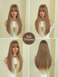 AKAKO Parrucca dritta extra lunga con riflessi biondi-beige chiari per donne - Parrucca sintetica soffice con frangia, capelli in fibra resistente al calore dall'aspetto naturale, parrucche di stile gotico scuro alla moda per uso quotidiano, feste, San Valentino, festival musicali e cosplay di Ognissanti, 71 cm