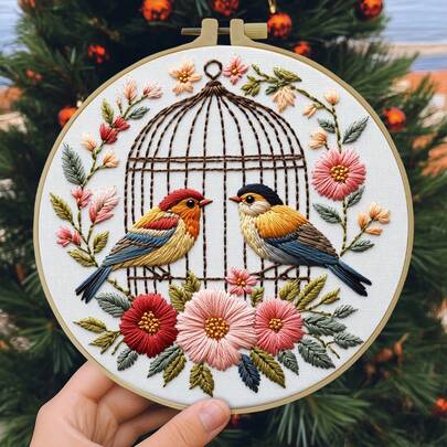 1 件刺绣套件，20x20cm/7.9x7.9 英寸花笼外的小鸟，图案 DIY 刺绣套件，适合成人初学者，包括绣花布、说明书、绣花框和针线，可作为送给朋友或家人、家具、办公室手工艺术品的圣诞礼物