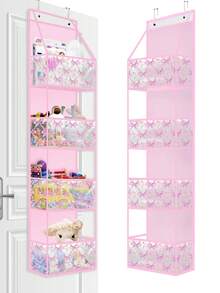1 件 4/6 层门上收纳架，带 2 个挂钩，大容量无纺布壁挂式储物袋，带透明 PVC 口袋，门后蝴蝶结郁金香图案储物架，适用于卧室育儿室衣橱洗衣房餐具室浴室。（粉色） - 粉色 - 查看 9