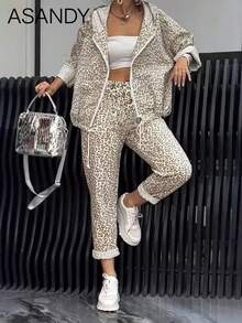 Women's Fall Winter Bestselling Pants Set - Random Print Hooded Top & Straight Leg Trousers, Casual Daily Outfit Spring - Apricot - View 3