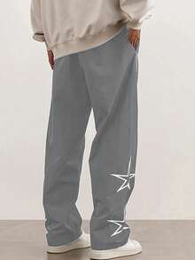 1 件男士直筒星星字母印花休闲宽松街头运动裤，秋季 - 灰色 - 查看 4