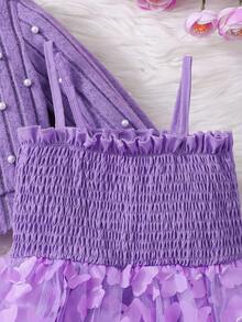 2pcs/Set Young Girl' Ruched Mesh Slip Dress & Beaded Knit Cardigan Outfit, Sweet & Cute, Autumn/Winter - Purple - View 4