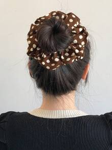 1 件波尔卡圆点超大发圈，厚灯芯绒纹理，多功能发饰，适合浓密的头发，秋冬颜色：米色、白色、黑色、发带、发圈 - 棕色白點 - 查看 4