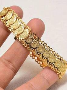 1pc 18K Gold Plated Copper Bead Strand Single/Double/Triple Layered Bracelet, Tarnish Resistant, Suitable For Wedding, Graduation, Eid, Handmade Glittering Coin Pattern - Gold - View 14