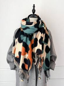 1 pieza Nuevo estilo de imitación de cachemira Chal grande con estampado de leopardo colorido y cálido, chal/manta versátil y de moda con flecos cortos para mujer, perfecto para viajar, fiestas, salas con aire acondicionado y regalo familiar para vestir en otoño e invierno - Estampado de leopardo colorido - Ver 4
