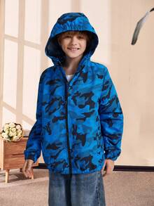 Tween Boy Loose Fit Casual Camouflage Water-Resistant Windproof Hooded Jacket - Blue - View 4