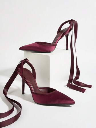 Eleganta Satin Spetsig Tå Rygglösa Rosett Stilettklackar, Pumps, Höst, Lämplig För Fest Och Bankett, Elegant