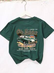 青少年男孩卡通汽车和标语印花圆领夏季休闲T恤