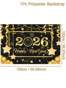1件2026新年快乐派对背景布，星金图案涤纶背景布，2026新年庆祝派对装饰，家居装饰，房间装饰，墙饰，花园旗帜，新年悬挂装饰，新年礼物，2026新年装饰品 - 新年黑金D款 - 查看 6