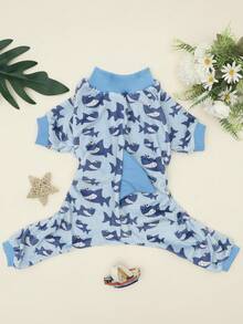 1pc 3D Shark Fin Design! Shark Print Pet Jumpsuit, Soft & Skin-Friendly, Suitable For Small/Medium Dogs, Prevents Shedding - Multicolor - View 5