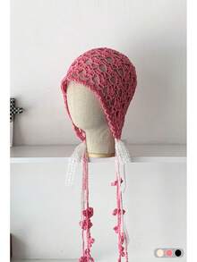 1 件女式手工钩针镂空透气头巾帽，艺术乡村复古风格针织花流苏无檐帽，波西米亚头带帽带耳罩，春夏