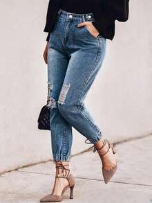 Women's Distressed Jeans - Ripped Denim Pants With Elastic Cuffs And Front Pockets, Casual Street Style Stretch Tapered Ankle Jeans For Women - Medium Wash - View 4