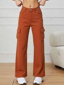 Pantalones vaqueros cargo anchos para mujer de color azul, estilo casual y práctico, ideal para looks urbanos - Naranja - Ver 3