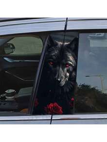 2 件装酷炫动物汽车贴纸，狼图案，自粘式 B 柱贴花，乙烯基材质，半哑光饰面，矩形，前部放置，适用于玻璃和金属表面，一次性车辆外部装饰 - 彩色 - 查看 4