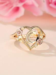 Tsnamer 1枚精美立方氧化锆金色字母心形戒指，26个字母A-Z可定制姓名花朵图案，可调节开口手镯式戒指，适合女性和女孩日常佩戴，生日珠宝礼物 - 金黃色花朵 - 查看 25