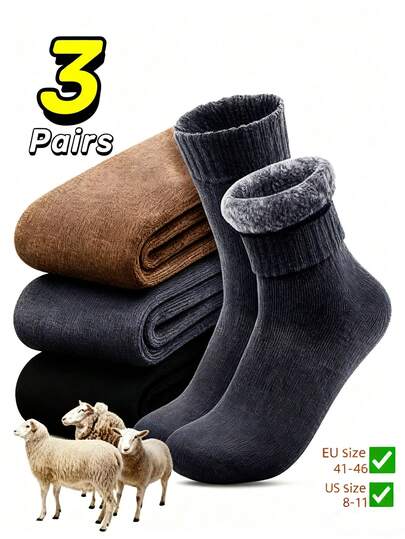 3双男士加厚冬季绒面雪地靴袜，柔软保暖，适合户外工作和休闲穿着，是送给丈夫、父亲或男友的完美礼物。尺码：欧洲码 (39-45) 和美国码 9-11。针织面料。