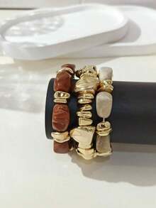 3pcs Vintage Multi-Layer Brown Acrylic Beaded Bracelet, Transformable Gold Chip Bracelet, For Women, Couples, Party, Daily Wear - Bộ 3 vòng tay E - Xem 4