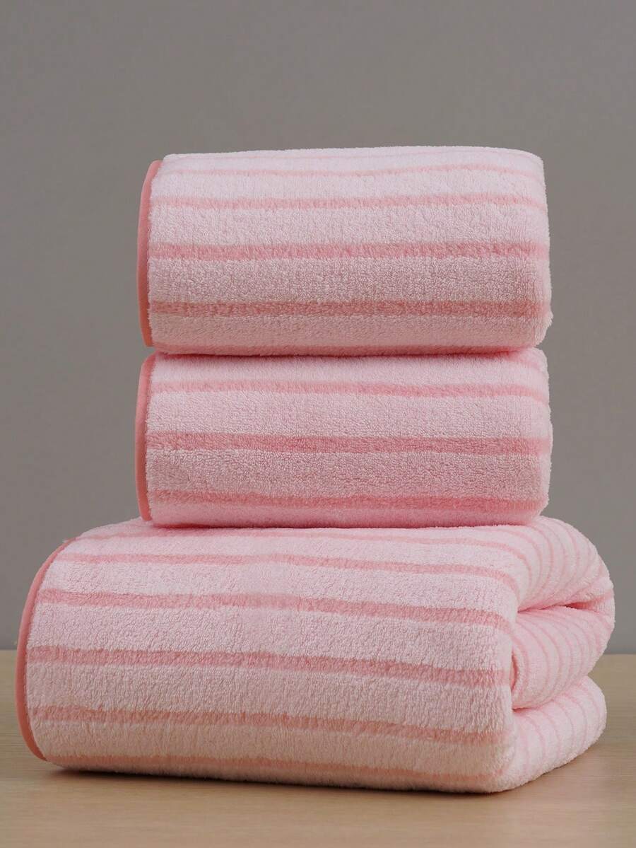 3/1pc Coral Fleece Absorbent Striped Bath Towel/Washcloth, Soft Quick-Dry Coral Fleece Face Towel, Super Absorbent Microfiber Shower Towel, Suitable For Bathroom, Pool, Gym, Beach - Baby Pink - View 1