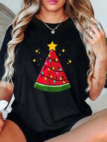Pijamas de Navidad Nieve Copo de Nieve Regalo de Navidad Camisetas de bastones de caramelo - 100% algodón primavera/otoño Camiseta de mujer con patrón de galleta divertido de copo de nieve de Navidad - Óxido marrón - Ver 1