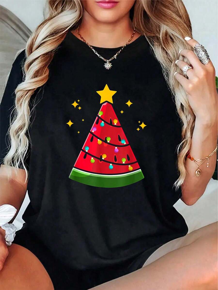 Pijamas de Navidad Nieve Copo de Nieve Regalo de Navidad Camisetas de bastones de caramelo - 100% algodón primavera/otoño Camiseta de mujer con patrón de galleta divertido de copo de nieve de Navidad - Óxido marrón - Ver 1