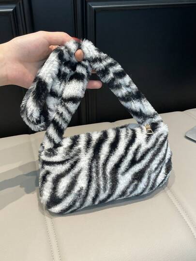 CHICVUE New Autumn/Winter Mini Fashionable Black & White Contrast Zebra Pattern Fluffy Shoulder Bag, Casual Tote Underarm Soft Fluffy Solid Color Handbag, New Arrival Fur Bag For Women Gifts