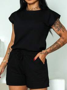 100% Cotton Knit Set Shorts And Muscle Tee Sleeve Top - 黑色 - 查看 2