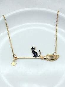1pc Cartoon Halloween Jewelry Funny Black Cat Star Witch Broom Pendant Necklace, Fashion Novelty Accessory - Perfect Gift For Halloween Witch Costume, Cat Lovers, Daughters, Granddaughters, Birthday, Mother's Day, Witch Tea Party Role Play