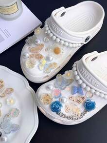 25pcs/Set Shiny Girl Style Hollow Out Clogs Charms Set - Butterfly, Flower & Pearl Decor, Hollow Out Clogs Accessories - Blue Butterfly Set-25pcs - View 8