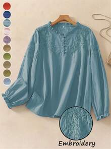 Women's Embroidered Loose Retro Long Sleeve Blouse Top, Suitable For Autumn - Teal Blue - View 1