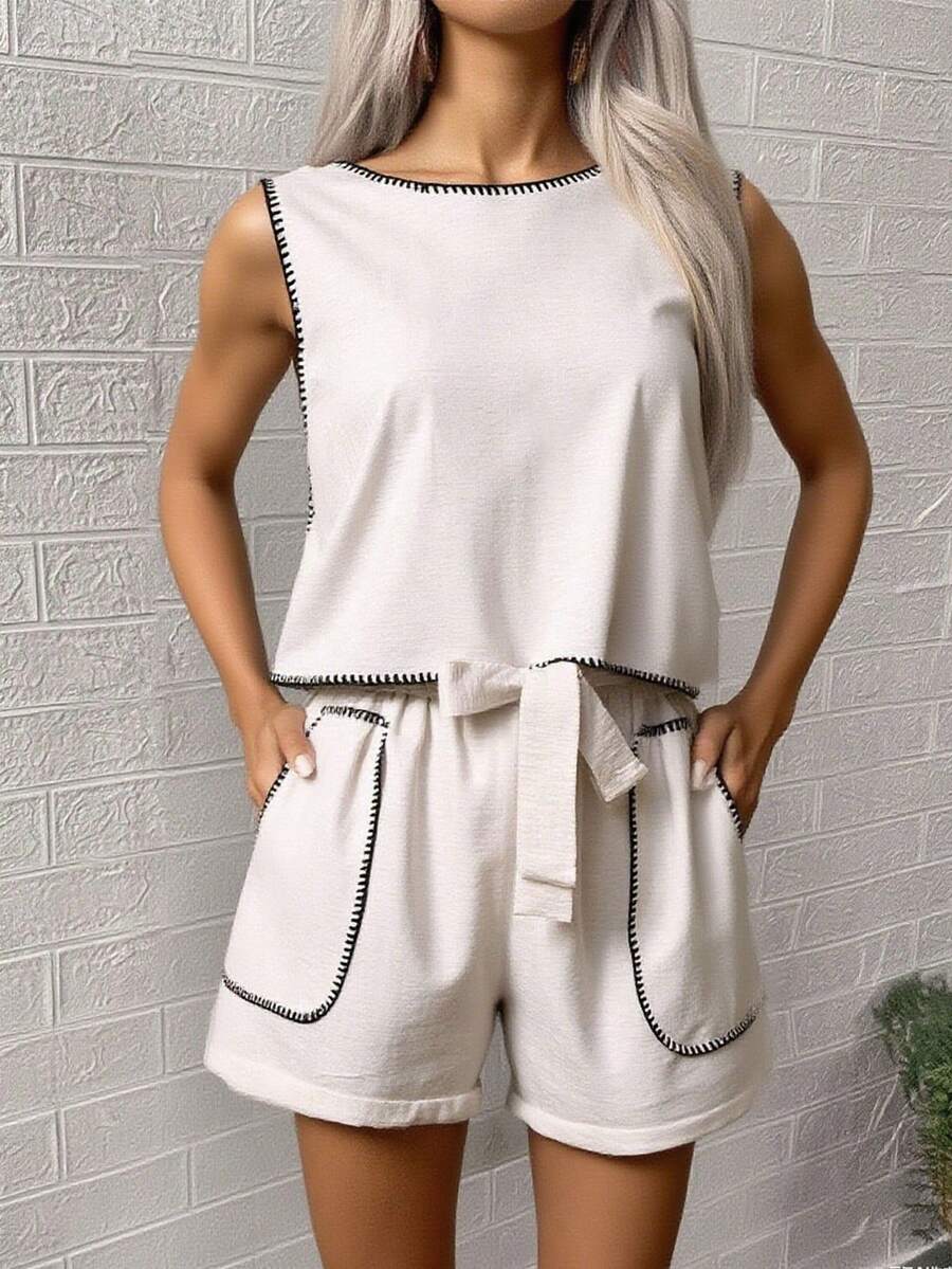 Conjunto de 2 piezas informal de verano de mujeConjunto de top y shorts de unicolor para damas, perfecto para vacaciones/tiempo libre