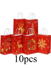 32 个红色节日圣诞礼品袋 - 带手柄的牛皮纸袋，金色雪花和驯鹿图案，适用于节日礼物、派对礼品和礼品包装、圣诞礼品包装袋 - 彩色 - 查看 14