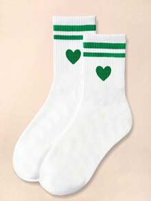 1/5 双心形双杠女式中筒袜，白色和绿色拼色，柔软休闲舒适，适合情人节、四季、万圣节和圣诞节的中筒袜