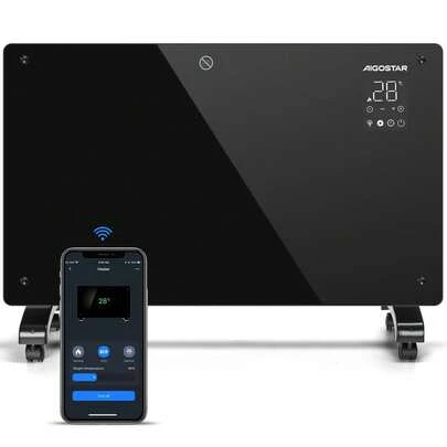 Aigostar WiFi Smart Glass Panel Heater 1500W, Alexa Control Space Heater, Wall-Mounted & Freestanding, Quiet Touch Panel With Timer, Instant Warmth With Economic Mode For Bedroom/Office