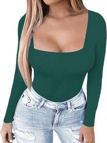 Vaiaye 女士春夏 Y2K 方领长袖修身 T 恤，纯色性感上衣，适合情人节休闲穿着 - 墨綠色 - 查看 10