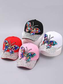 Nueva gorra de béisbol de mezclilla con mariposa de rhinestone, sombrero casual versátil para exteriores, protección UV